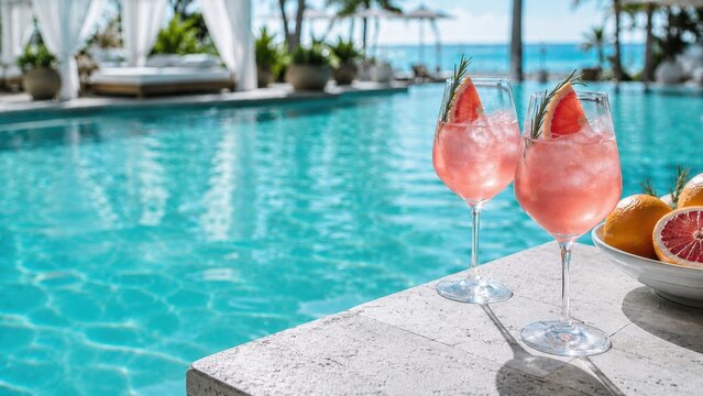 Pink Grapefruit Cocktails Beside Luxury Tropical Resort Swimming Pool Paradise