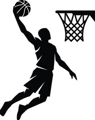 Dynamic silhouette featuring athlete performing slam dunk maneuver towards basketball hoop netting graphic illustration design with contrast black silhouette © Taimoor