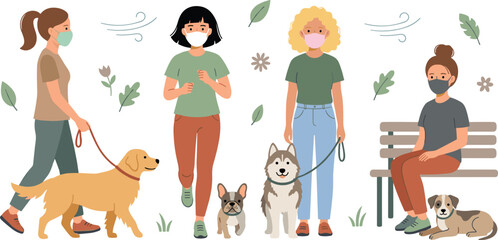 People Wearing Face Masks Walking and Sitting in the Park with Their Dogs During Allergy Season or Pandemic Flat Vector Illustration Design © MDFiroj