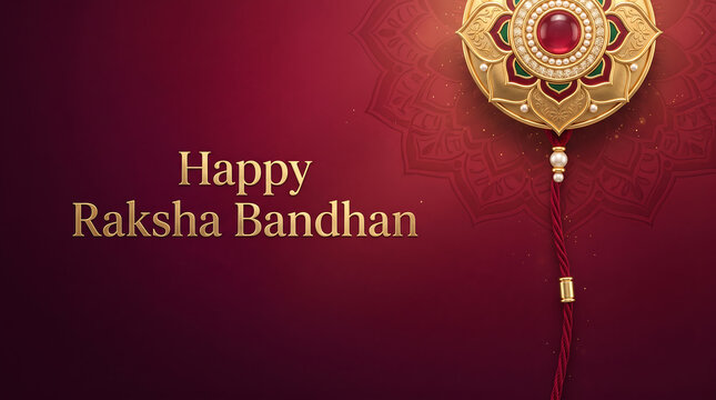 Elegant raksha bandhan greeting card featuring ornate golden bracelet against deep red decorative background with background subtle floral centered against rich