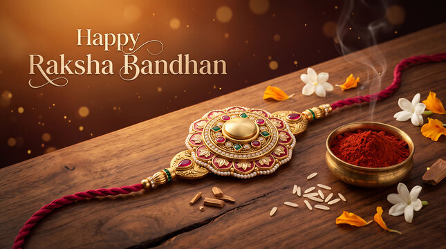 Ornate golden rakhi bracelet resting on wooden surface with red vermilion powder with displays decorative golden bracelet intricate floral scattered jasmine flowers