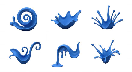 Fototapeta premium various blue liquid splashes with soft shadows against a white background artistic design elements for creative projects