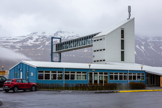Seydisfjordur, Iceland, 19.05.22. Ferry terminal building with a passenger boarding ramp in Seydisfjordur, Iceland