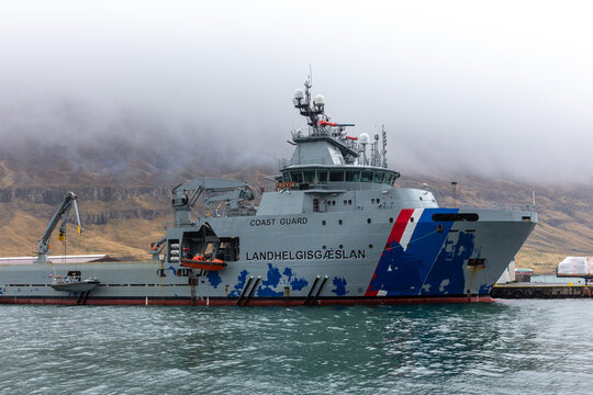 Seydisfjordur, Iceland, 19.05.22. Icelandic Coast Guard patrol vessel Freyja docked at Seydisfjordur harbor