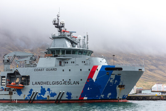 Seydisfjordur, Iceland, 19.05.22. Icelandic Coast Guard patrol vessel Freyja docked at Seydisfjordur harbor