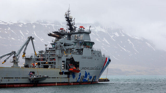 Seydisfjordur, Iceland, 19.05.22. Icelandic Coast Guard patrol vessel Freyja at Seydisfjordur harbor in Iceland
