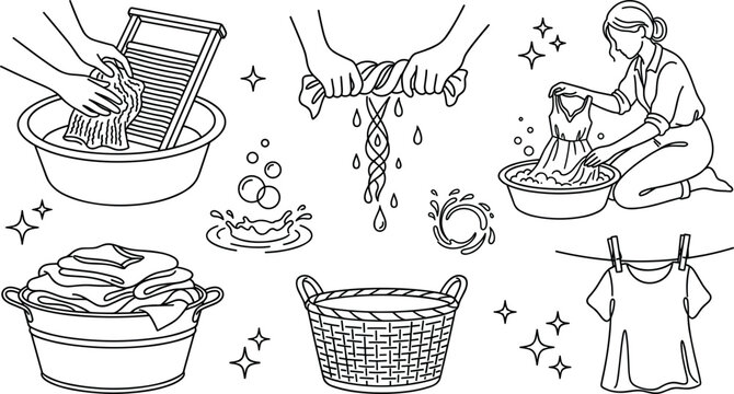 Hand Wash Laundry Vector Set with Washboard, Wringing Clothes, Basin, Wicker Basket, Woman Washing, and Clothesline Icons for Housework Designs