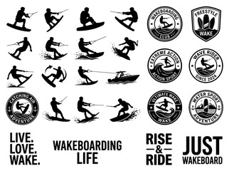 Fototapeta premium Wakeboarding Silhouettes Collection Isolated on Transparent Background