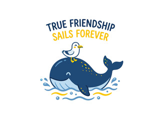Naklejka premium Cute whale and seagull friendship illustration