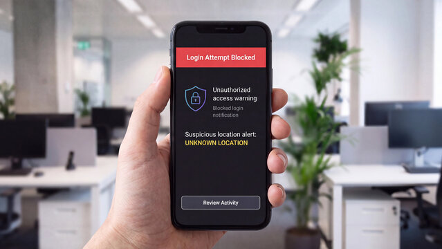 Blocked login attempt alert concept for unauthorized access prevention suspicious activity notification and account intrusion defense on smartphone