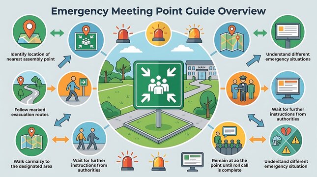Emergency assembly point guide and evacuation procedure infographic