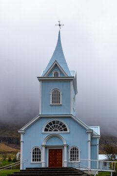 Blue Church Seydisfjardarkirkja in Seydisfjordur, East Iceland