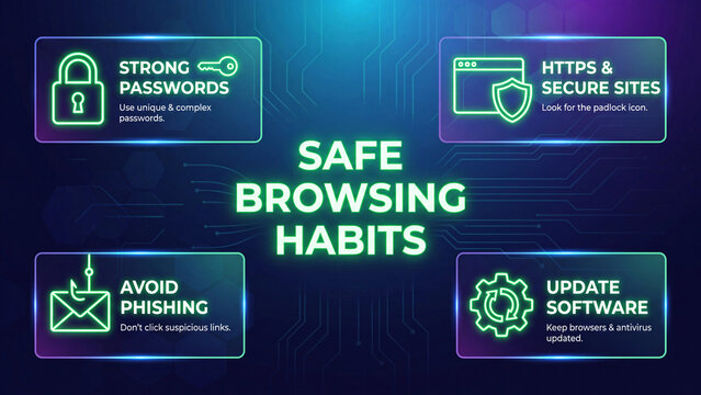 Safe browsing habits concept for complex password use secure site verification phishing avoidance and browser antivirus updating in user security education