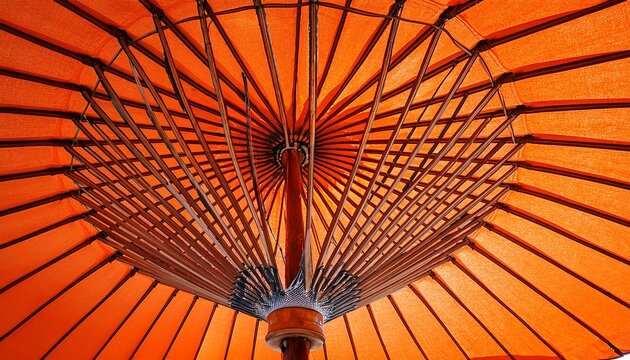 underside of an orange beach umbrella showing the frame structure
