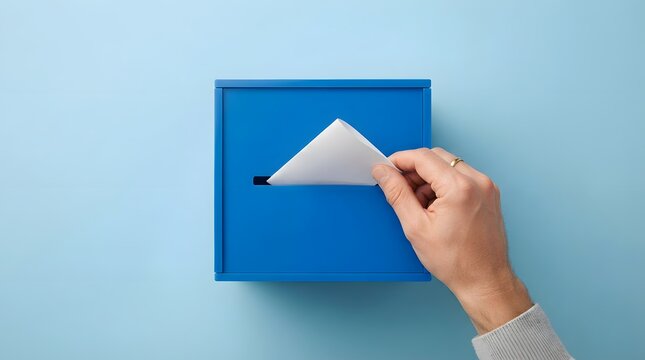 Closeup of a hand placing a ballot paper into a blue ballot box