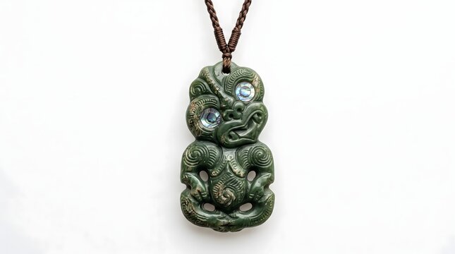 Hand Carved Greenstone Maori Hei Tiki Pendant Featuring Traditional Tribal Patterns and Ancient Polynesian Cultural Jewelry Artistry