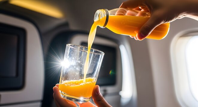 Cabin Crew Pouring Fresh Orange Juice Into a Glass During Professional In Flight Beverage Service