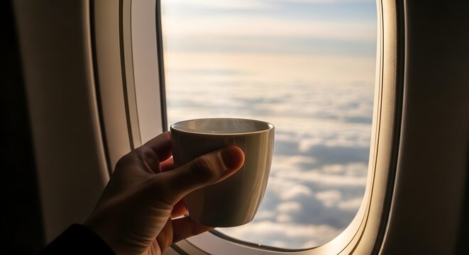 Passenger Holding a Warm Cup While Enjoying the Scenic View Through an Airplane Window During a Peaceful Flight Journey