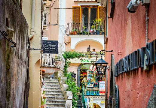 07 23 2026 - Positano, Italy. Picturesque streets of Positano on the Amalfi Coast, Italy, featuring colorful buildings, charming narrow lanes and authentic Mediterranean town atmosphere