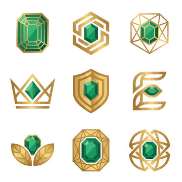 Green emerald gems in golden geometric logo frames.
