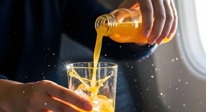 Professional Airline Cabin Crew Serving Refreshing Juice to Passenger in Modern Aircraft Cabin