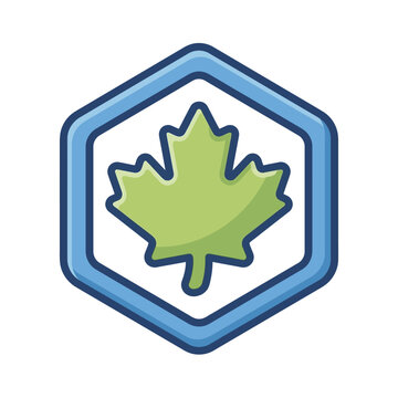 Green maple leaf in blue hexagonal frame emblem