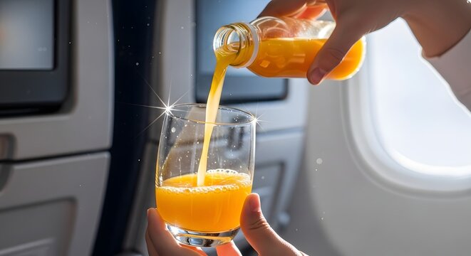 Fresh Fruit Juice Being Served to an Airline Passenger During Comfortable Commercial Flight Experience