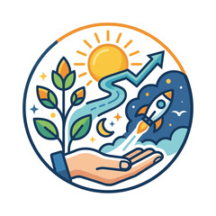Fototapeta premium Growth icon showing hand launching rocket toward sun.