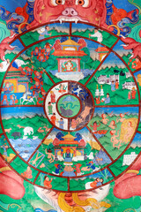 Fototapeta premium Tibetan thangka depicting the Bhavacakra (Wheel of Life): Yama holds the wheel of the six realms of samsara, with the three poisons at the center and the twelve nidanas around the edge.