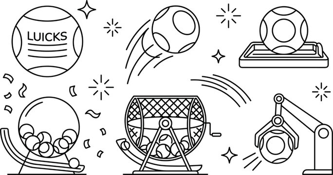 Lottery and Bingo Vector Set with Raffle Drum, Tombola Machine, Lucky Balls, Claw Crane, and Gambling Icons for Sweepstakes Designs