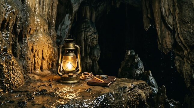Lit vintage lantern resting beside explorer journal on damp underground cave rock ledge