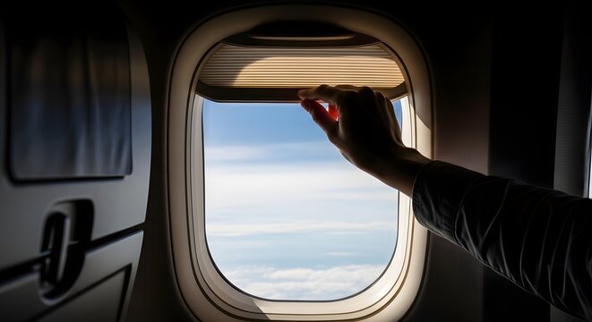 Hand adjusting airplane window shade revealing blue sky and clouds during flight