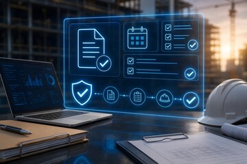 Fototapeta premium Digital construction compliance dashboard displaying document approval, inspection scheduling, checklist management, and safety verification through a holographic interface. Modern engineering workspa