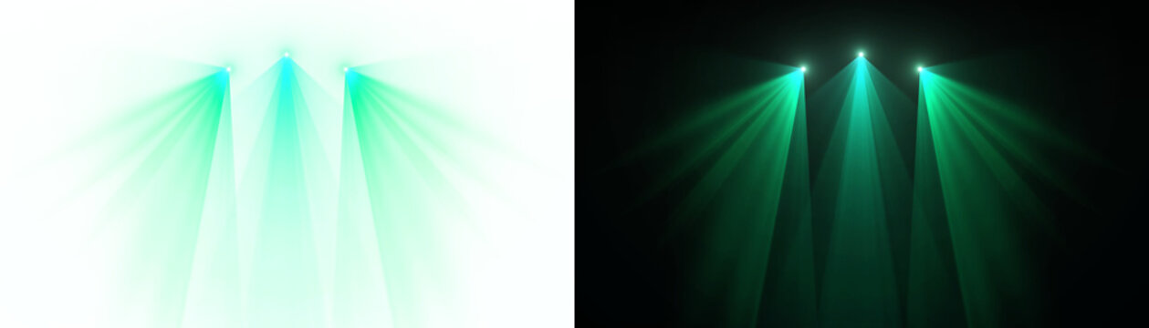 Spotlight beams green lighting shining on concert stage on transparent background. VFX design, theatre stage poster, party, music event.