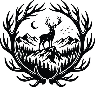 Majestic deer in mountain landscape with decorative antlers frame graphic vector