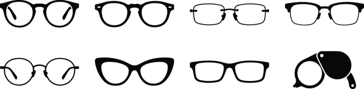 Eyeglasses frames and monocle black silhouette vector icon set for optician boutiques and eyewear branding