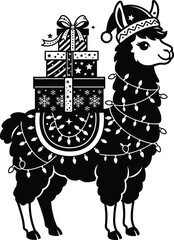 Naklejka premium Festive holiday llama with christmas lights and gifts black vector graphic