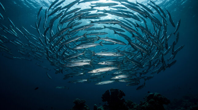 A beautifully detailed photorealistic underwater stock photograph capturing a massive school of silver barracudas forming a synchronized vortex in the deep blue ocean.