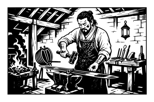 Black and white vector illustration of a Chinese blacksmith forging a traditional sword inside an ancient workshop
