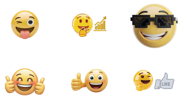 Collection of creative 3d emojis with halftone pattern.