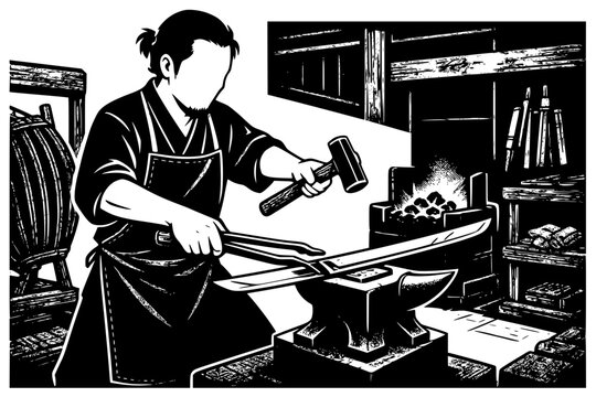 Black and white vector illustration of a Japanese blacksmith forging a katana inside a traditional workshop