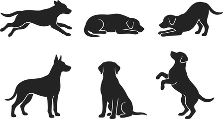 Set of six minimalist dog silhouettes displaying various poses and natural canine body language movements with different stances with gray silhouettes © Taimoor