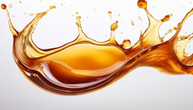 amber syrup liquid splash with flowing droplets and surface tension isolated on a white background background dynamic fluid motion concept
