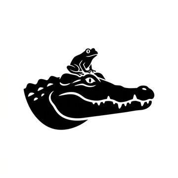 Frog sitting on a crocodile head. Minimalist black silhouette of wild animals together.