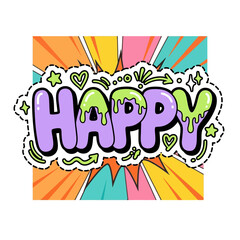 Fototapeta premium Happy word in slime font on sunburst background sticker.