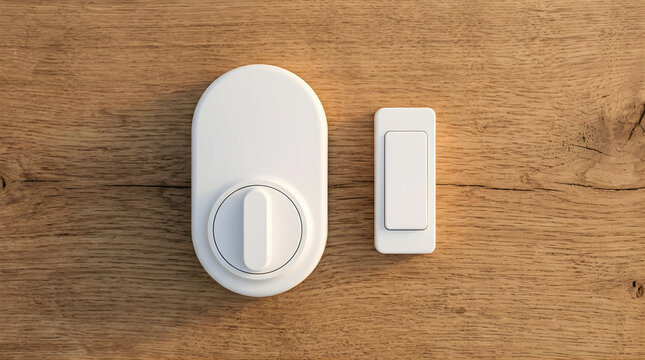 Minimalist White Combination Lock and Light Switch Mounted on a Warm Wooden Surface in a Top Down View