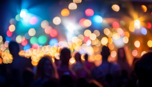 colorful bokeh lights with crowd silhouette at night festival party