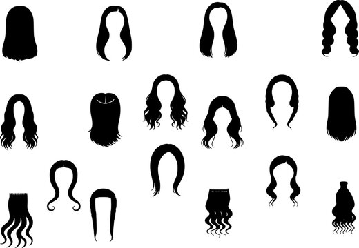 Women hairstyle silhouettes set featuring long straight hair, wavy curls, ponytail, hair extensions, and female beauty wig styles vector illustration.