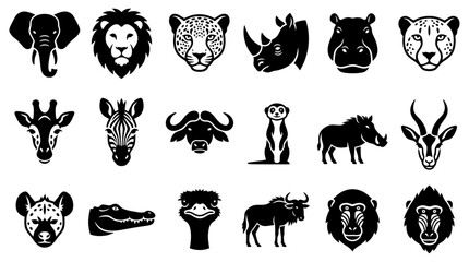 Obraz premium Set of black and white African safari animal head and body silhouette icons including lion, elephant, giraffe, and zebra vector illustration