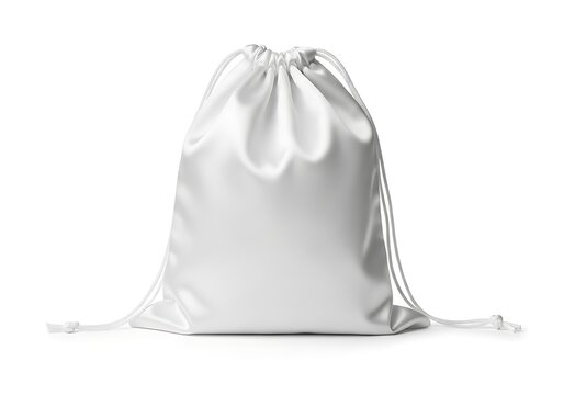 Empty white drawstring pouch standing upright